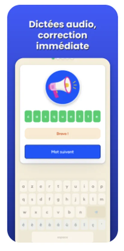 Écran de dictée audio avec correction immédiate dans CocoMado